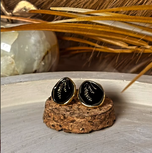 Black & Gold Leaf Ear Studs